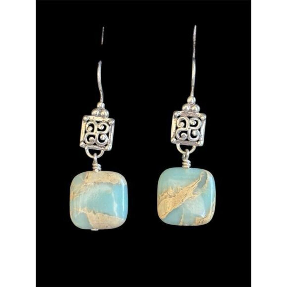 Sterling Silver Sea Sediment Aqua Jasper Dangle Earrings 925 1.5” Drop